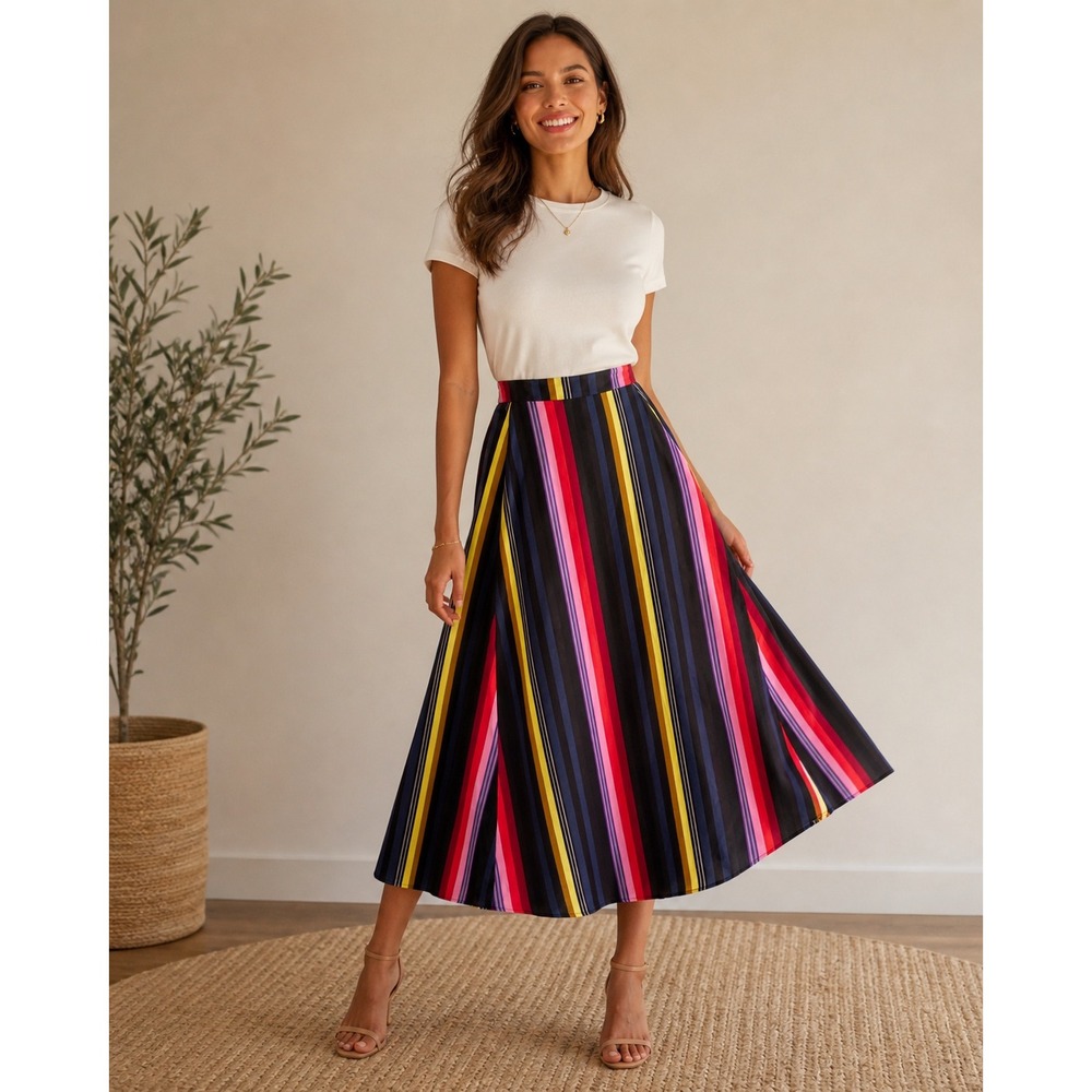 Flint & Moss Rainbow Striped Maxi Skirt High Waist Pockets Lined Boho Flare Sz M